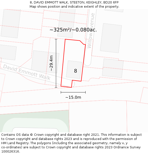 8, DAVID EMMOTT WALK, STEETON, KEIGHLEY, BD20 6FP: Plot and title map