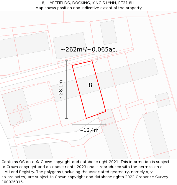 8, HAREFIELDS, DOCKING, KING'S LYNN, PE31 8LL: Plot and title map