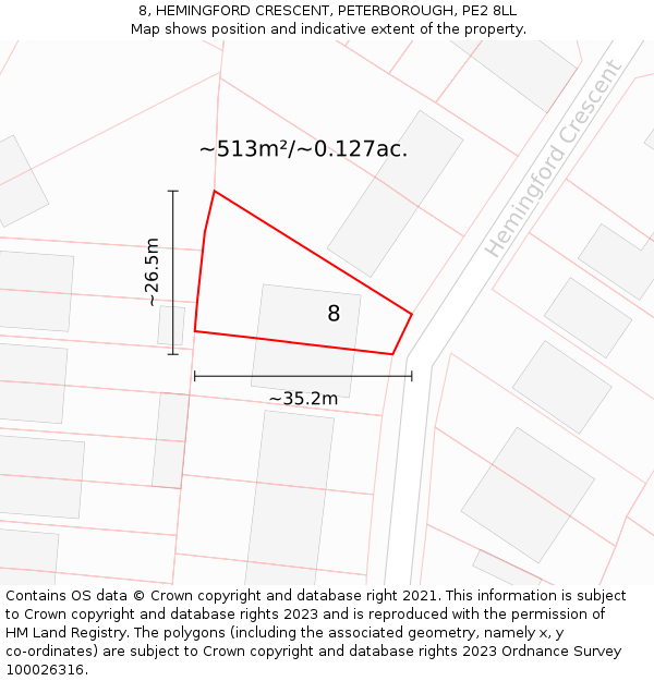 8, HEMINGFORD CRESCENT, PETERBOROUGH, PE2 8LL: Plot and title map