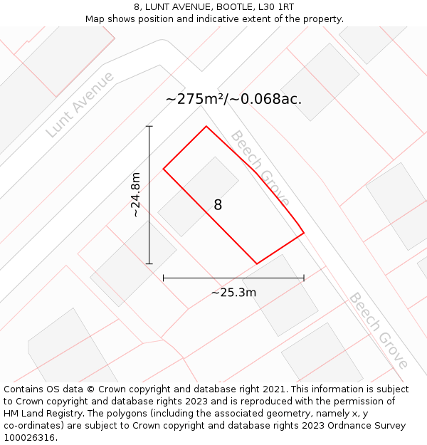 8, LUNT AVENUE, BOOTLE, L30 1RT: Plot and title map