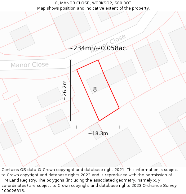 8, MANOR CLOSE, WORKSOP, S80 3QT: Plot and title map