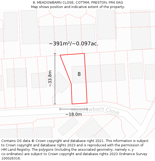 8, MEADOWBARN CLOSE, COTTAM, PRESTON, PR4 0AG: Plot and title map