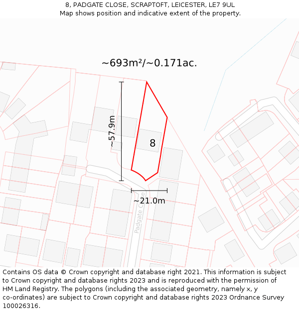 8, PADGATE CLOSE, SCRAPTOFT, LEICESTER, LE7 9UL: Plot and title map