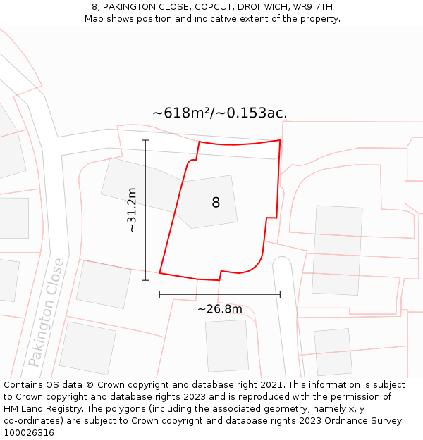 8, PAKINGTON CLOSE, COPCUT, DROITWICH, WR9 7TH: Plot and title map