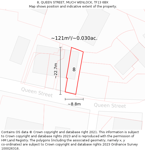 8, QUEEN STREET, MUCH WENLOCK, TF13 6BX: Plot and title map