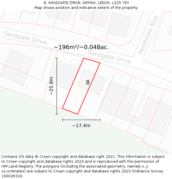 8, SANDGATE DRIVE, KIPPAX, LEEDS, LS25 7EY: Plot and title map