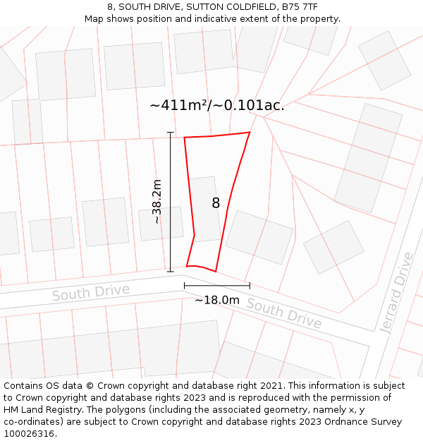 8, SOUTH DRIVE, SUTTON COLDFIELD, B75 7TF: Plot and title map