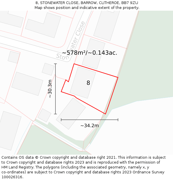 8, STONEWATER CLOSE, BARROW, CLITHEROE, BB7 9ZU: Plot and title map