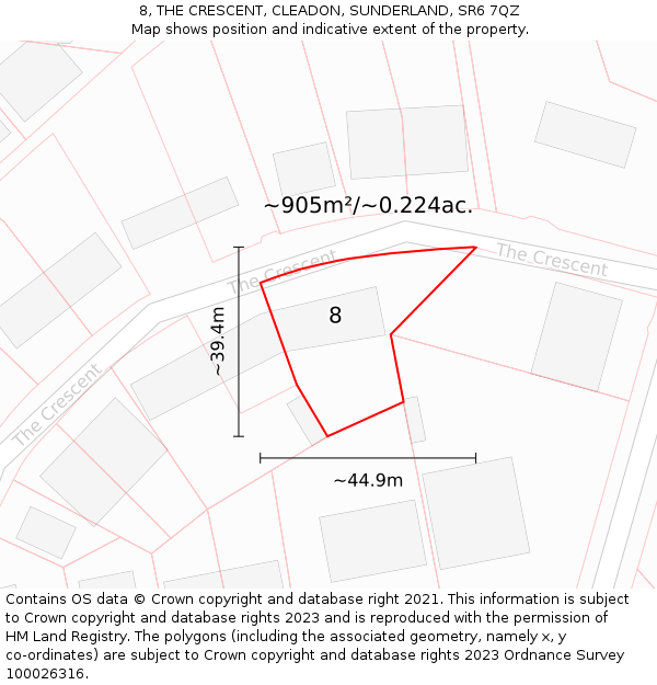 8, THE CRESCENT, CLEADON, SUNDERLAND, SR6 7QZ: Plot and title map