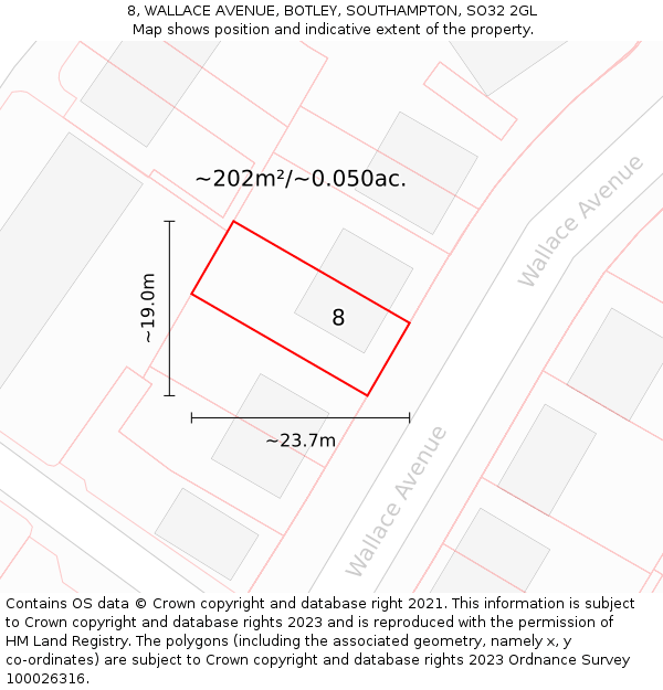 8, WALLACE AVENUE, BOTLEY, SOUTHAMPTON, SO32 2GL: Plot and title map