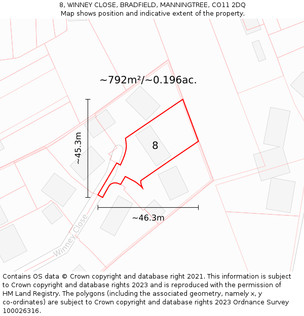 8, WINNEY CLOSE, BRADFIELD, MANNINGTREE, CO11 2DQ: Plot and title map