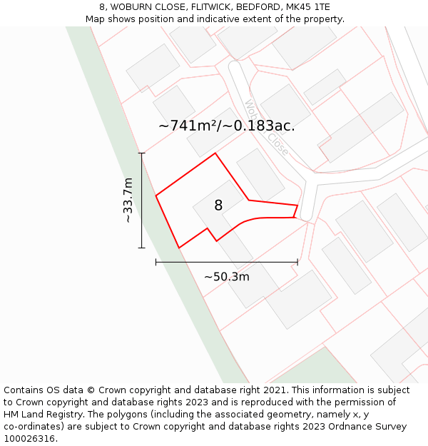 8, WOBURN CLOSE, FLITWICK, BEDFORD, MK45 1TE: Plot and title map