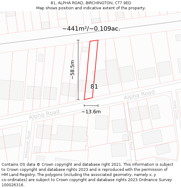 81, ALPHA ROAD, BIRCHINGTON, CT7 9ED: Plot and title map