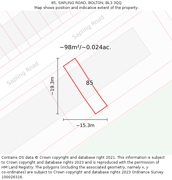 85, SAPLING ROAD, BOLTON, BL3 3QQ: Plot and title map