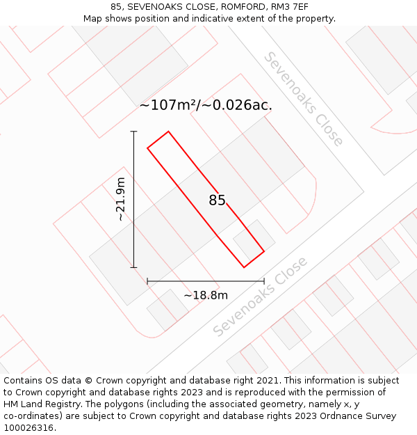 85, SEVENOAKS CLOSE, ROMFORD, RM3 7EF: Plot and title map