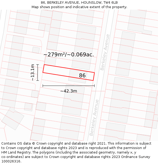 86, BERKELEY AVENUE, HOUNSLOW, TW4 6LB: Plot and title map