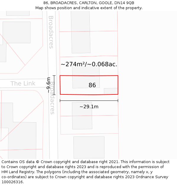 86, BROADACRES, CARLTON, GOOLE, DN14 9QB: Plot and title map