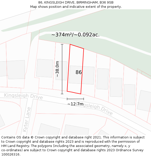 86, KINGSLEIGH DRIVE, BIRMINGHAM, B36 9SB: Plot and title map