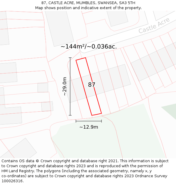 87, CASTLE ACRE, MUMBLES, SWANSEA, SA3 5TH: Plot and title map