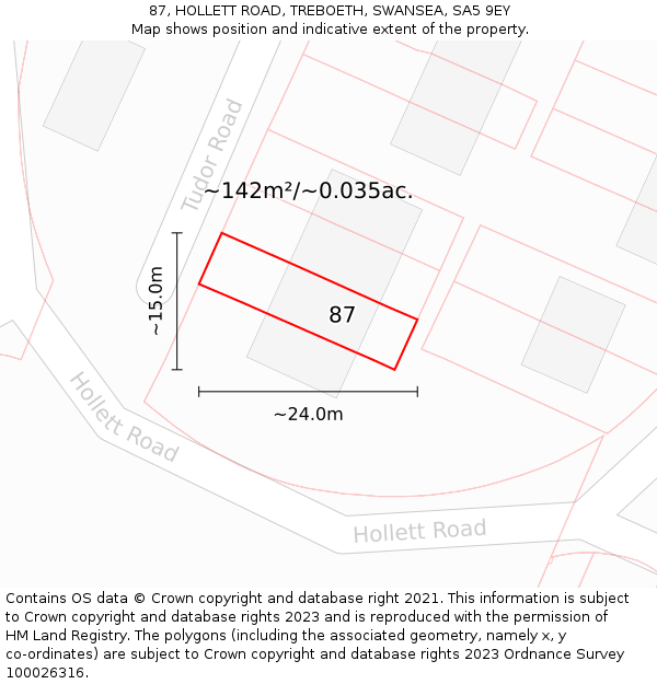 87, HOLLETT ROAD, TREBOETH, SWANSEA, SA5 9EY: Plot and title map