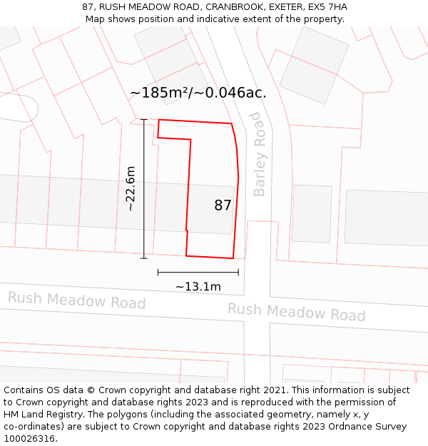 87, RUSH MEADOW ROAD, CRANBROOK, EXETER, EX5 7HA: Plot and title map