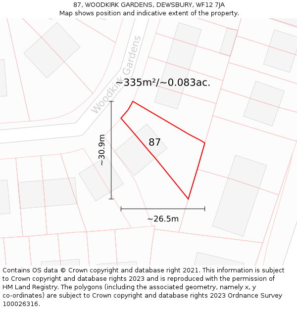 87, WOODKIRK GARDENS, DEWSBURY, WF12 7JA: Plot and title map