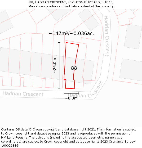 88, HADRIAN CRESCENT, LEIGHTON BUZZARD, LU7 4EJ: Plot and title map
