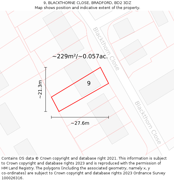 9, BLACKTHORNE CLOSE, BRADFORD, BD2 3DZ: Plot and title map
