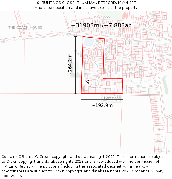 9, BUNTINGS CLOSE, BLUNHAM, BEDFORD, MK44 3FE: Plot and title map