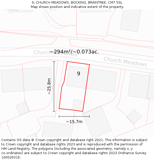 9, CHURCH MEADOWS, BOCKING, BRAINTREE, CM7 5SL: Plot and title map