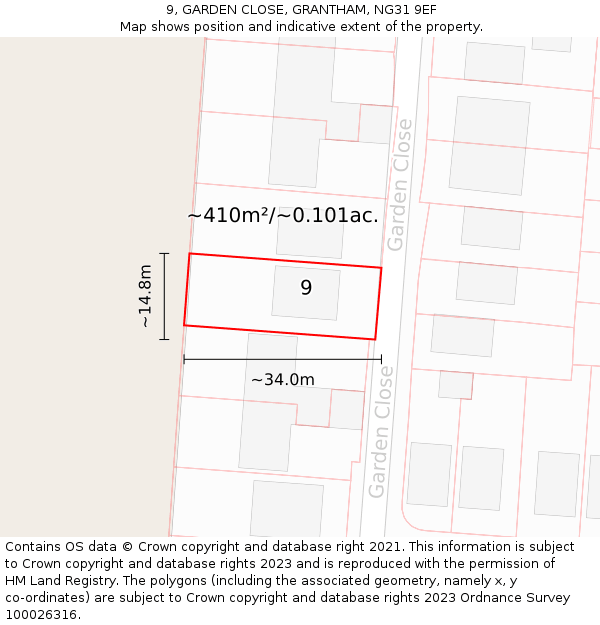 9, GARDEN CLOSE, GRANTHAM, NG31 9EF: Plot and title map