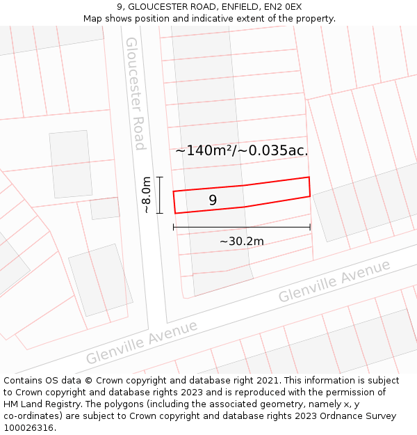 9, GLOUCESTER ROAD, ENFIELD, EN2 0EX: Plot and title map