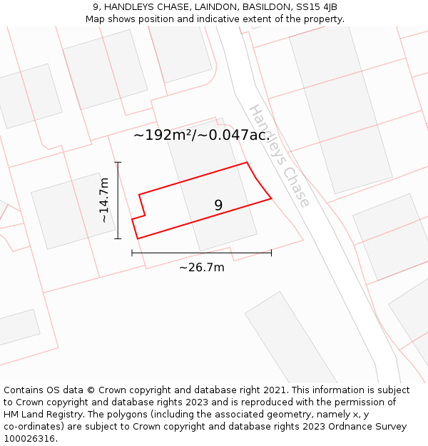 9, HANDLEYS CHASE, LAINDON, BASILDON, SS15 4JB: Plot and title map