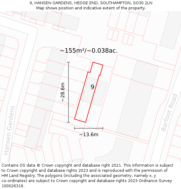 9, HANSEN GARDENS, HEDGE END, SOUTHAMPTON, SO30 2LN: Plot and title map