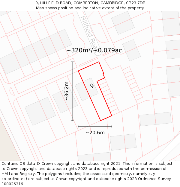 9, HILLFIELD ROAD, COMBERTON, CAMBRIDGE, CB23 7DB: Plot and title map