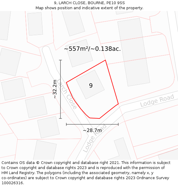 9, LARCH CLOSE, BOURNE, PE10 9SS: Plot and title map