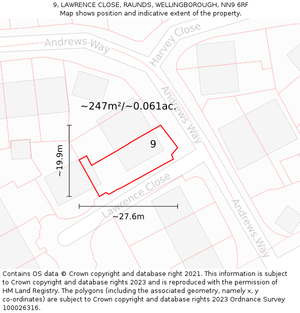 9, LAWRENCE CLOSE, RAUNDS, WELLINGBOROUGH, NN9 6RF: Plot and title map