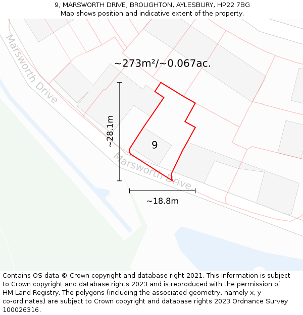 9, MARSWORTH DRIVE, BROUGHTON, AYLESBURY, HP22 7BG: Plot and title map
