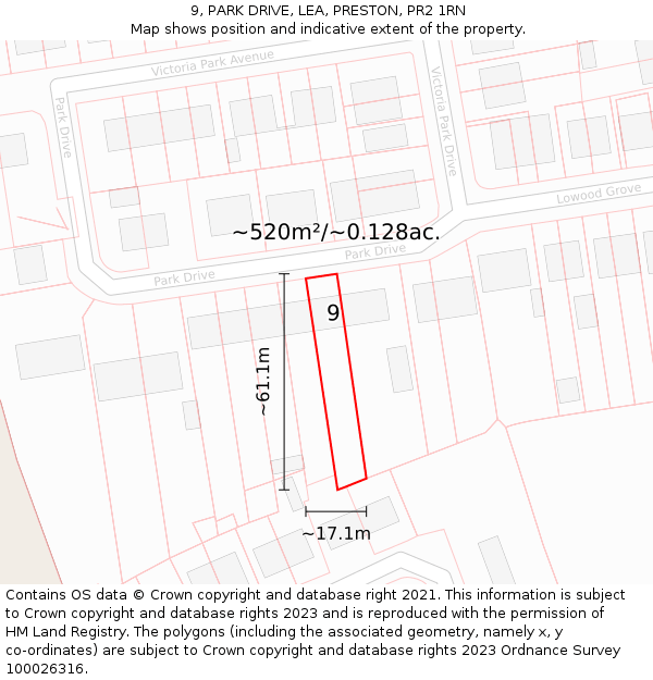9, PARK DRIVE, LEA, PRESTON, PR2 1RN: Plot and title map