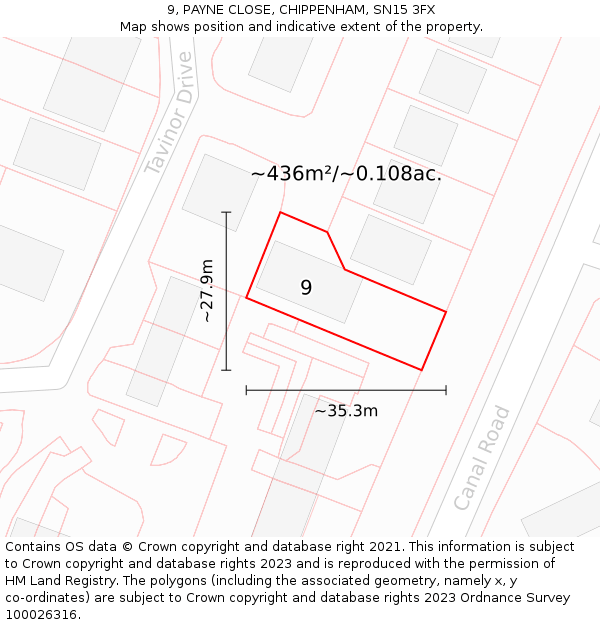 9, PAYNE CLOSE, CHIPPENHAM, SN15 3FX: Plot and title map