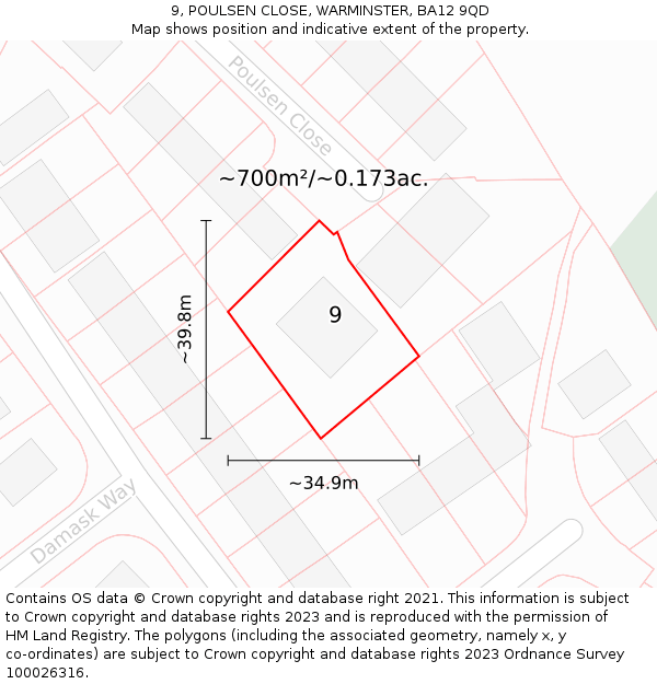 9, POULSEN CLOSE, WARMINSTER, BA12 9QD: Plot and title map