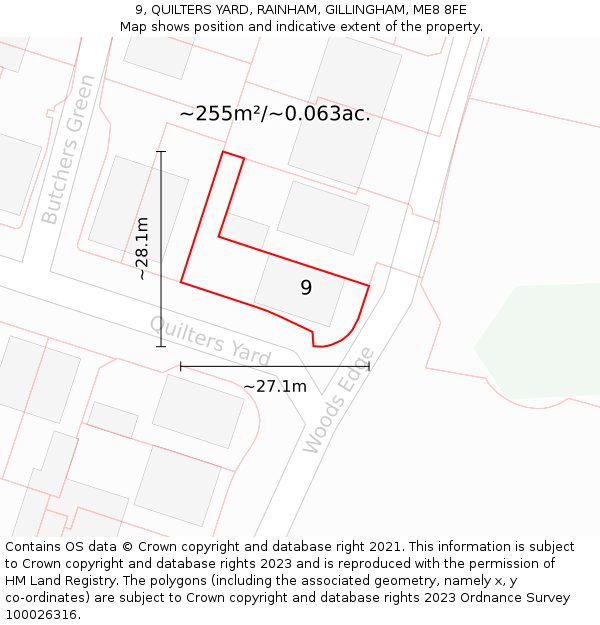 9, QUILTERS YARD, RAINHAM, GILLINGHAM, ME8 8FE: Plot and title map