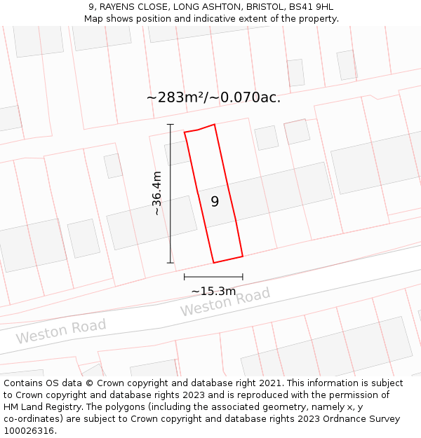 9, RAYENS CLOSE, LONG ASHTON, BRISTOL, BS41 9HL: Plot and title map