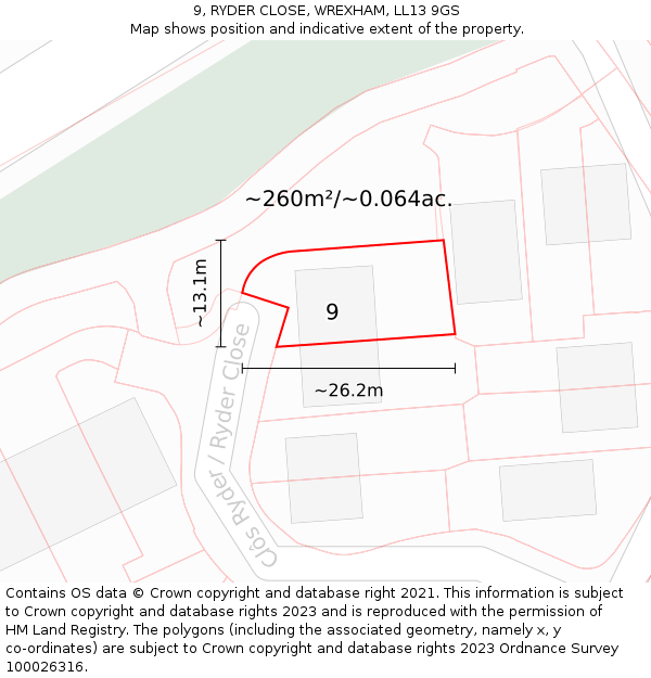 9, RYDER CLOSE, WREXHAM, LL13 9GS: Plot and title map