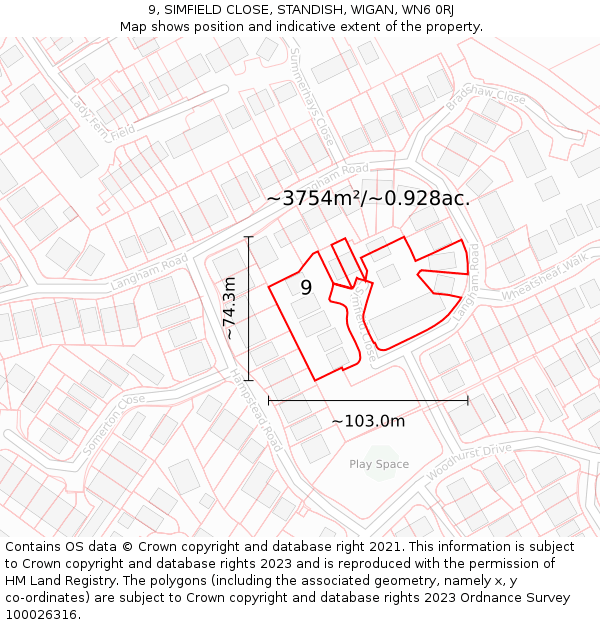 9, SIMFIELD CLOSE, STANDISH, WIGAN, WN6 0RJ: Plot and title map