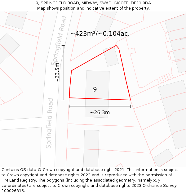 9, SPRINGFIELD ROAD, MIDWAY, SWADLINCOTE, DE11 0DA: Plot and title map