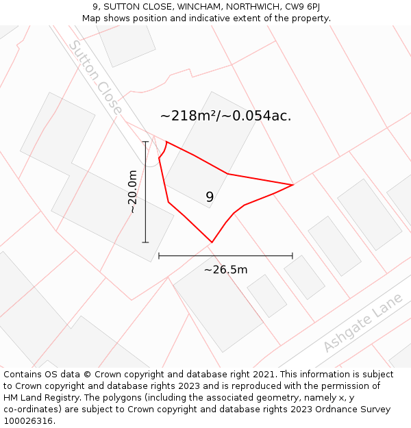 9, SUTTON CLOSE, WINCHAM, NORTHWICH, CW9 6PJ: Plot and title map