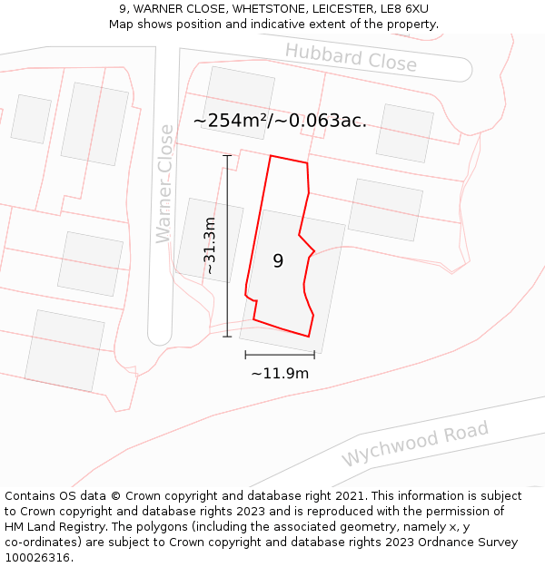 9, WARNER CLOSE, WHETSTONE, LEICESTER, LE8 6XU: Plot and title map