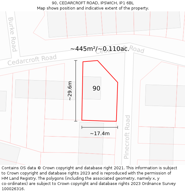 90, CEDARCROFT ROAD, IPSWICH, IP1 6BL: Plot and title map