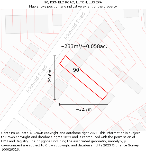 90, ICKNIELD ROAD, LUTON, LU3 2PA: Plot and title map
